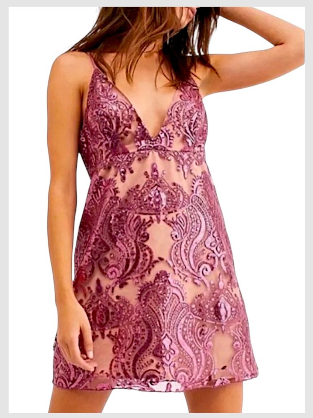 Free People Night Shimmers Sequin Mini Dress Pink Embroidered Size S 4